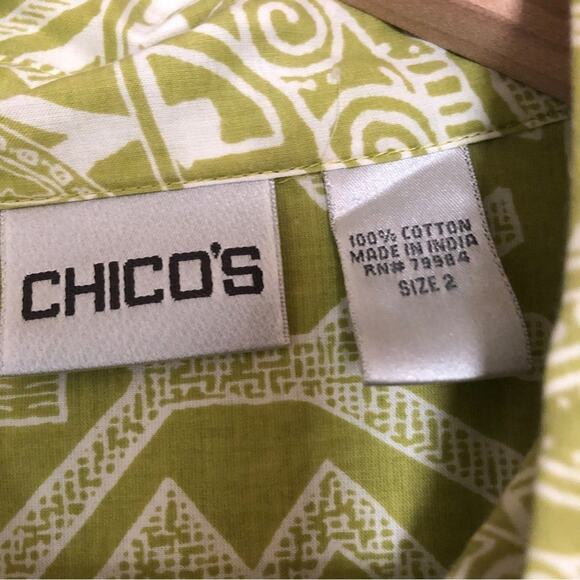 Chicos Cotton Green Aztec Tribal Tropical Long Sleeve Button Up Shirt Blouse Top - Picture 2 of 9